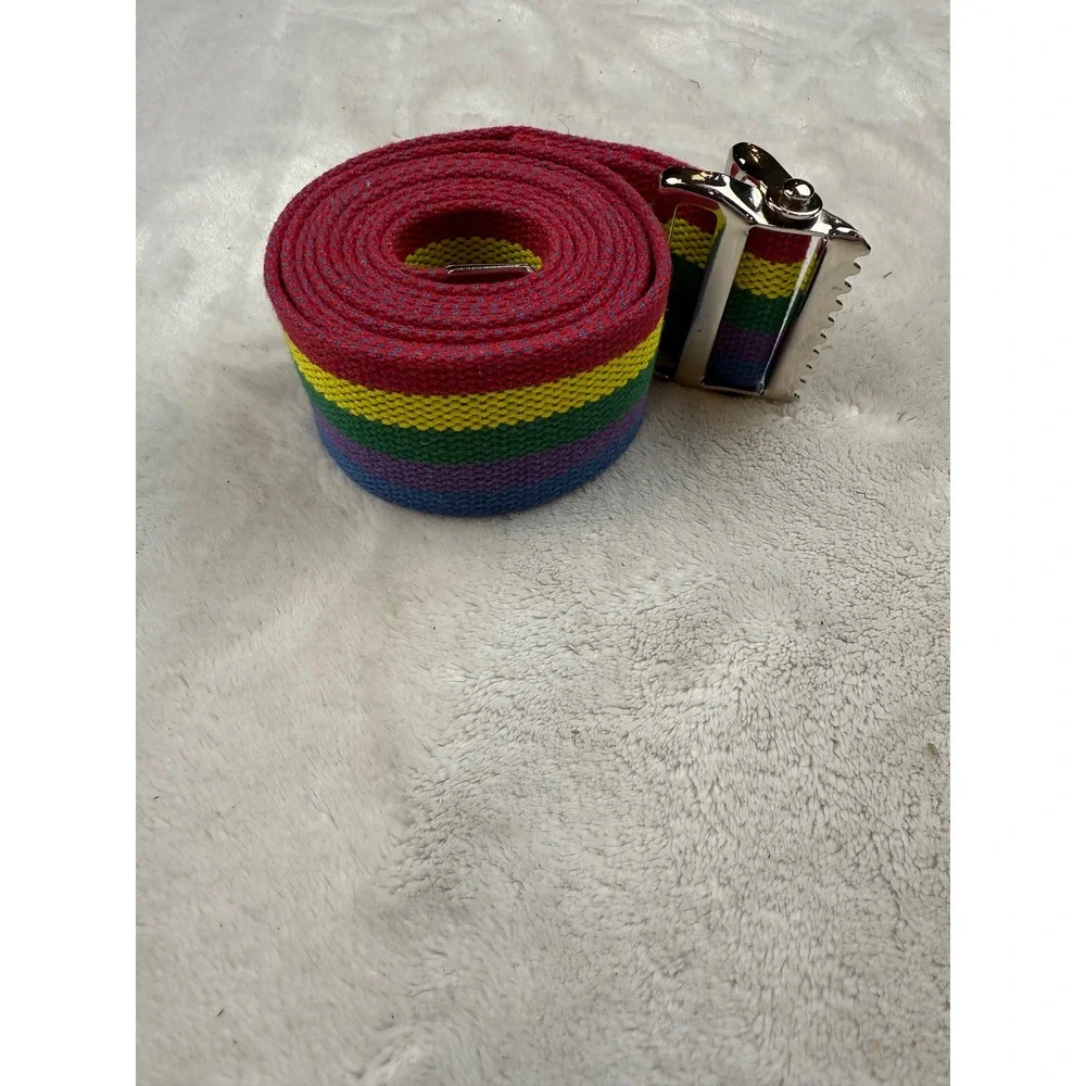 Posey Rainbow Stripe Belt Silver‎ Tone Buckle Colorful Woven Adjustable